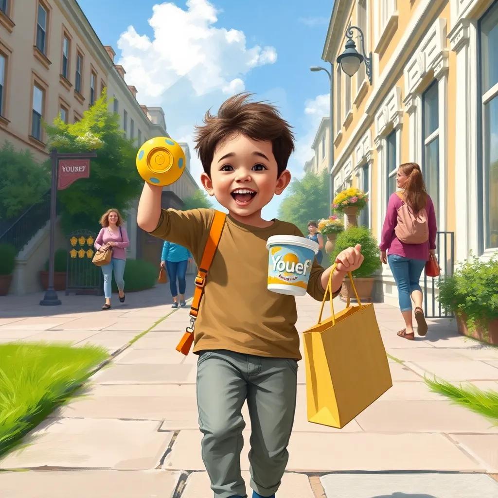 A proud Yousef with his new yellow yoyo and tub of yoghurt, bag in hand, excitement on his face, walking towards his mum, sunny day, fun atmosphere, digital art, child-friendly