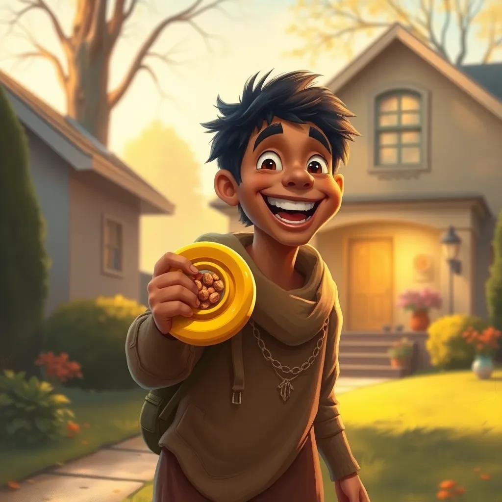 Yousef returning home with his yellow yoyo and treats, a big smile on his face, his house in the background, warm light, happy atmosphere, digital illustration, engaging and vibrant