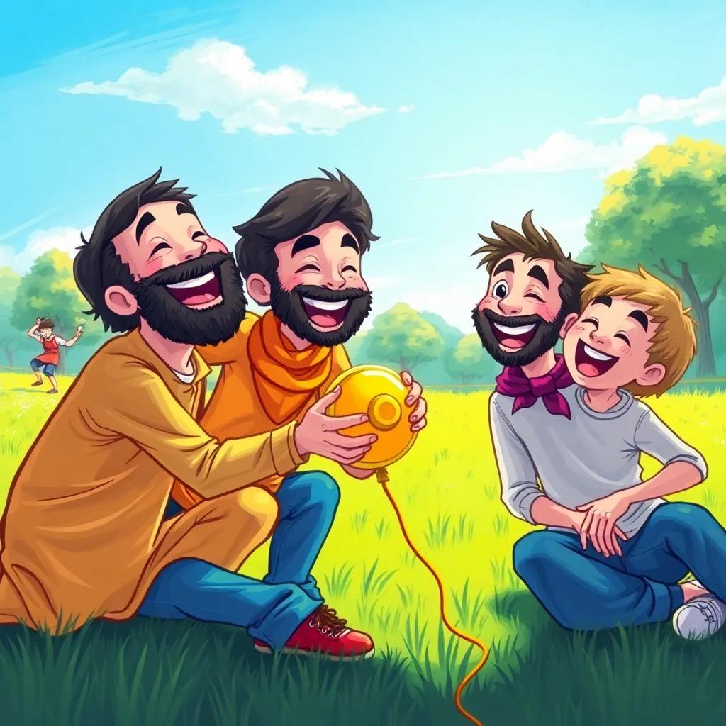 Yousef playing with the yellow yoyo in the park, laughing joyfully with his friends, bright blue sky and green grass, fun and happy tone, illustration, colorful and lively