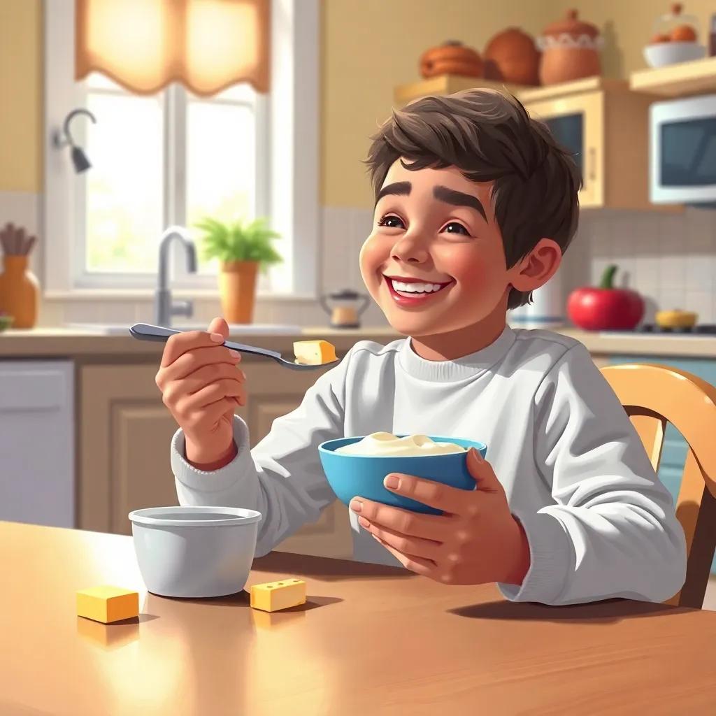 Yousef enjoying his yoghurt and cheese at home, sitting at the table with a big smile, bright and inviting kitchen, cheerful colors, digital art, child-friendly and warm atmosphere