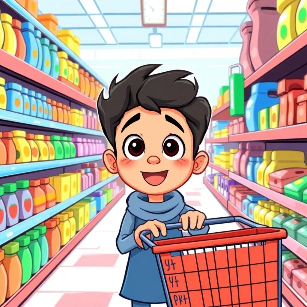 Yousef in the supermarket, looking around amazed, colorful shelves filled with products, bright colors, cheerful expression, wide-eyed and excited, shopping cart nearby, playful and fun setting