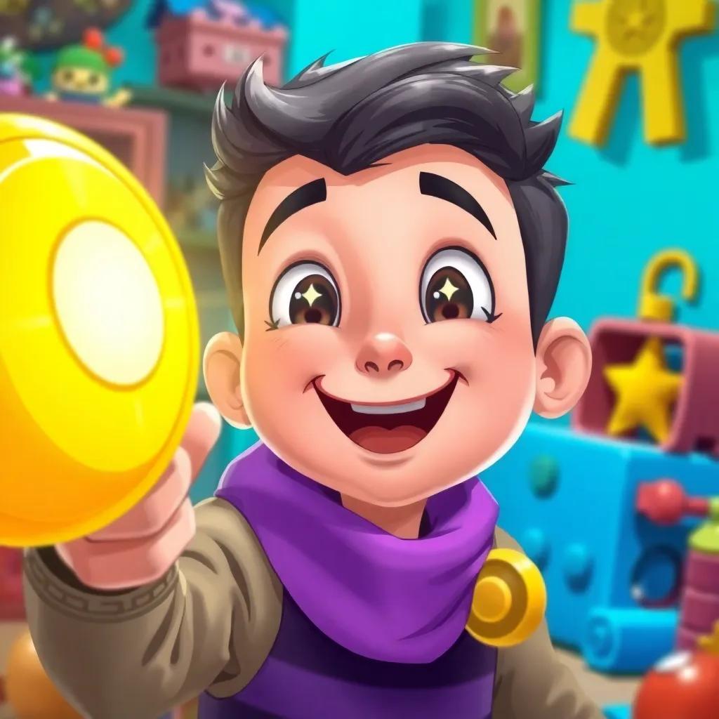 A close-up of Yousef pointing at a shiny yellow yoyo, his eyes sparkling with joy, colorful toys around him, engaging scene, bright light, playful toys, colorful environment