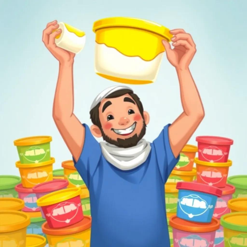Yousef holding a pot of yellow yoghurt high above his head, smile on his face, bright yellow lid, surrounded by colorful yoghurt containers, vibrant atmosphere, cheerful