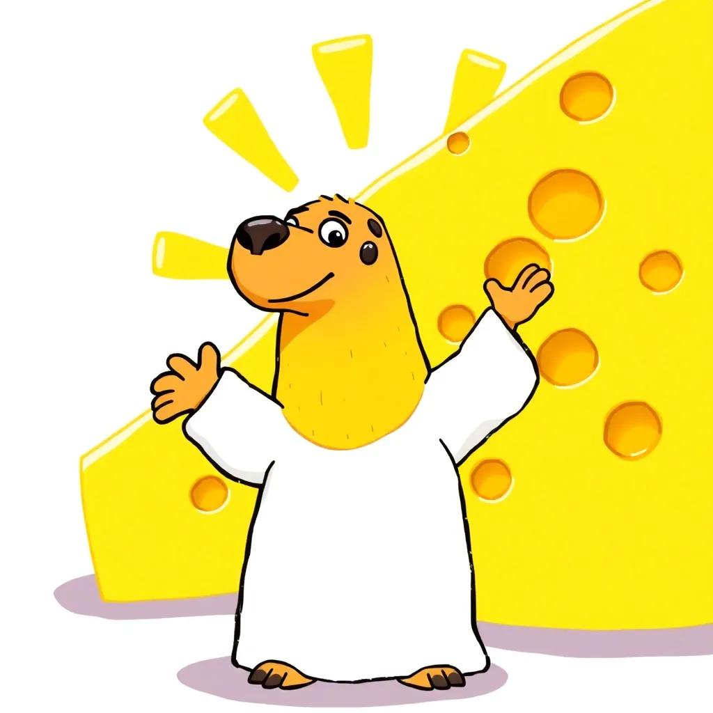 Yousef standing proudly in front of yellow cheese, looking amazed, cheese shaped like the sun, colorful cheese section, bright and cheerful mood, happy