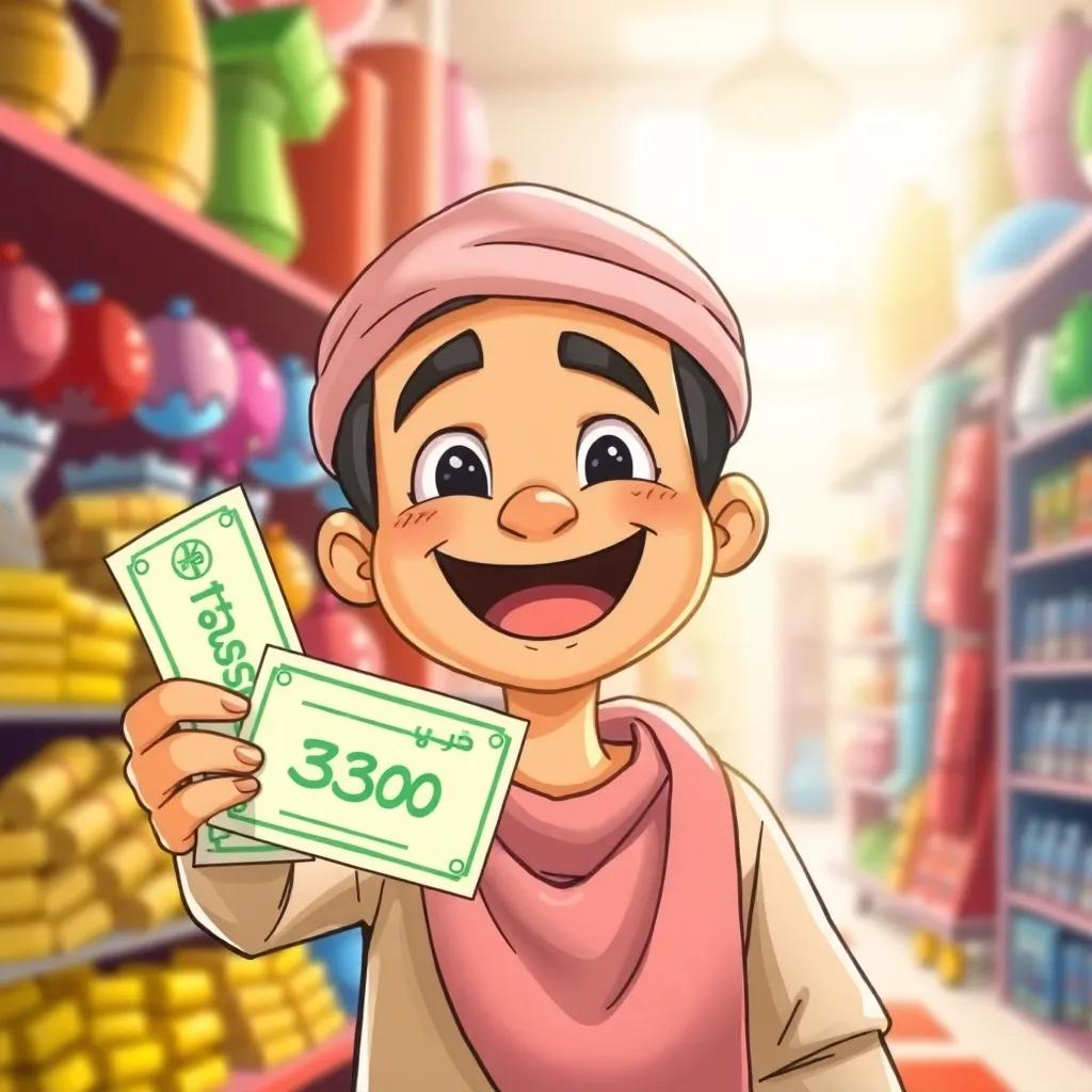 Yousef with a big smile, holding 20 riyals in his hand, excited expression, surrounded by colorful store background, bright light, joyful