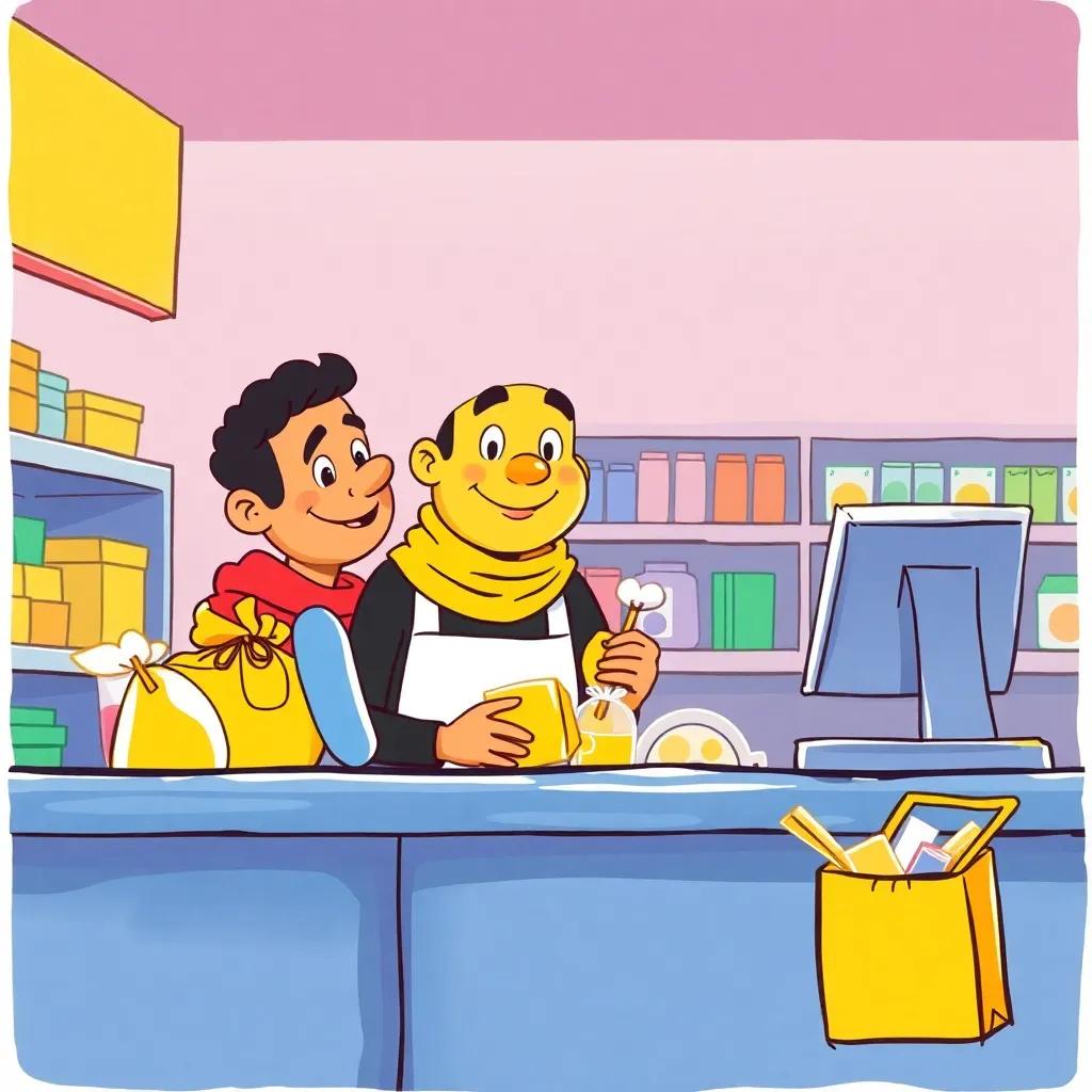 Yousef at the checkout with his yellow goodies, cashier smiling at him, colorful items on the counter, happy shopping experience, lively atmosphere, cheerful