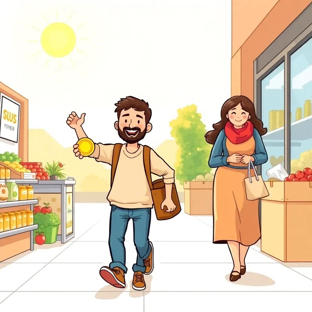 Yousef happily leaving the supermarket, holding his yellow yoyo in one hand, his mum by his side, with bright sun shining and cheerful surroundings, playful