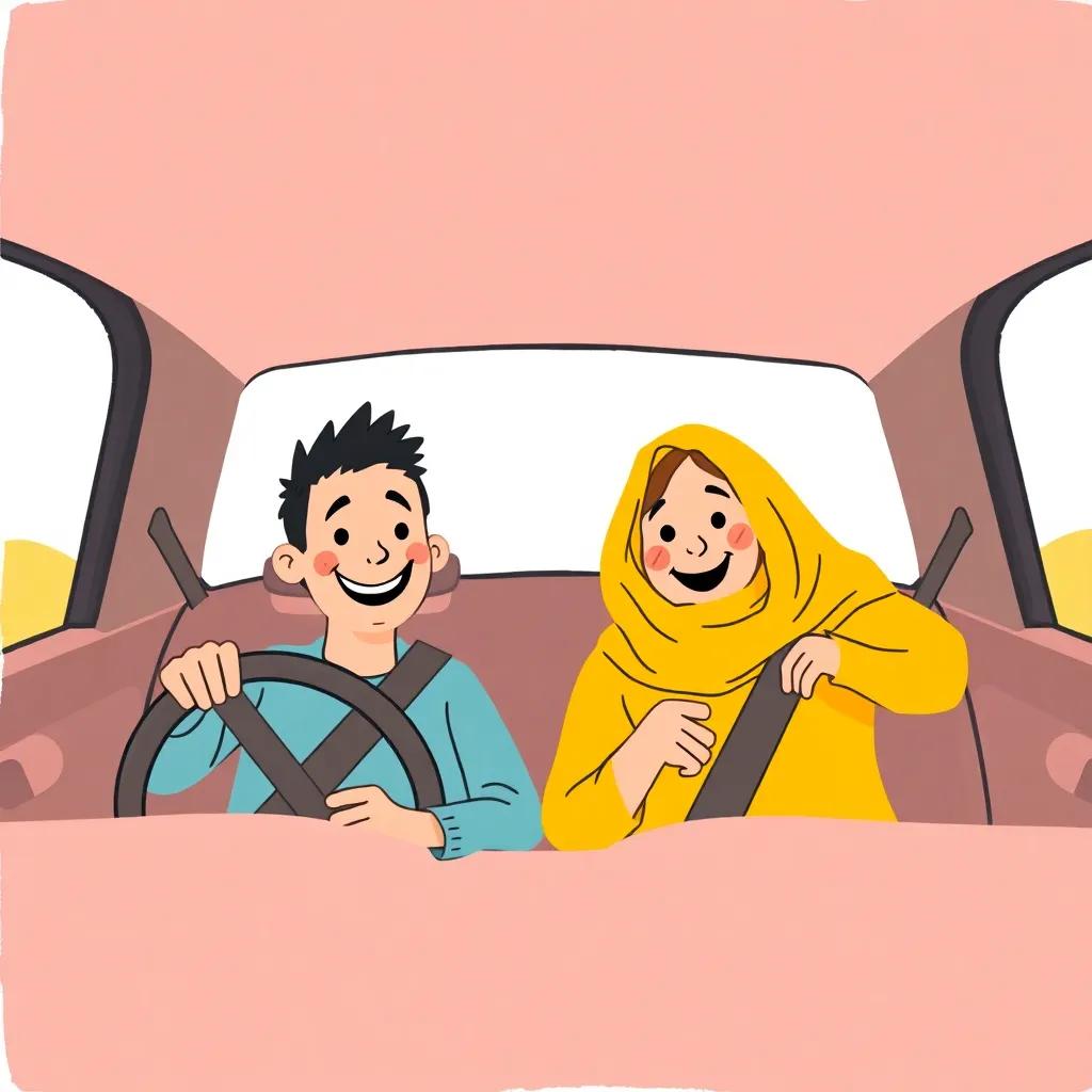 Yousef and his mum in a car, driving home with smiles, exciting feelings of yellow fun to come, bright colors, warm and inviting atmosphere