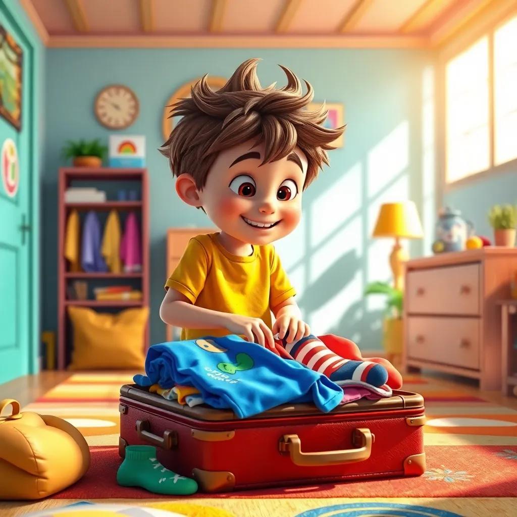 A sunny room filled with bright colors where Zac, a young boy with messy hair, is packing a suitcase with colorful T-shirts and socks, vibrant decor, cheerful atmosphere, high quality