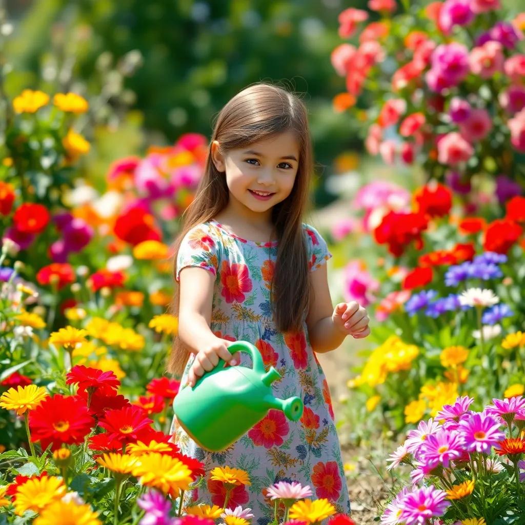 A young girl, Zahide, with long brown hair, wearing a colorful dress, watering flowers in a bright garden with vibrant flowers, sunny day, cheerful atmosphere, digital art, high quality