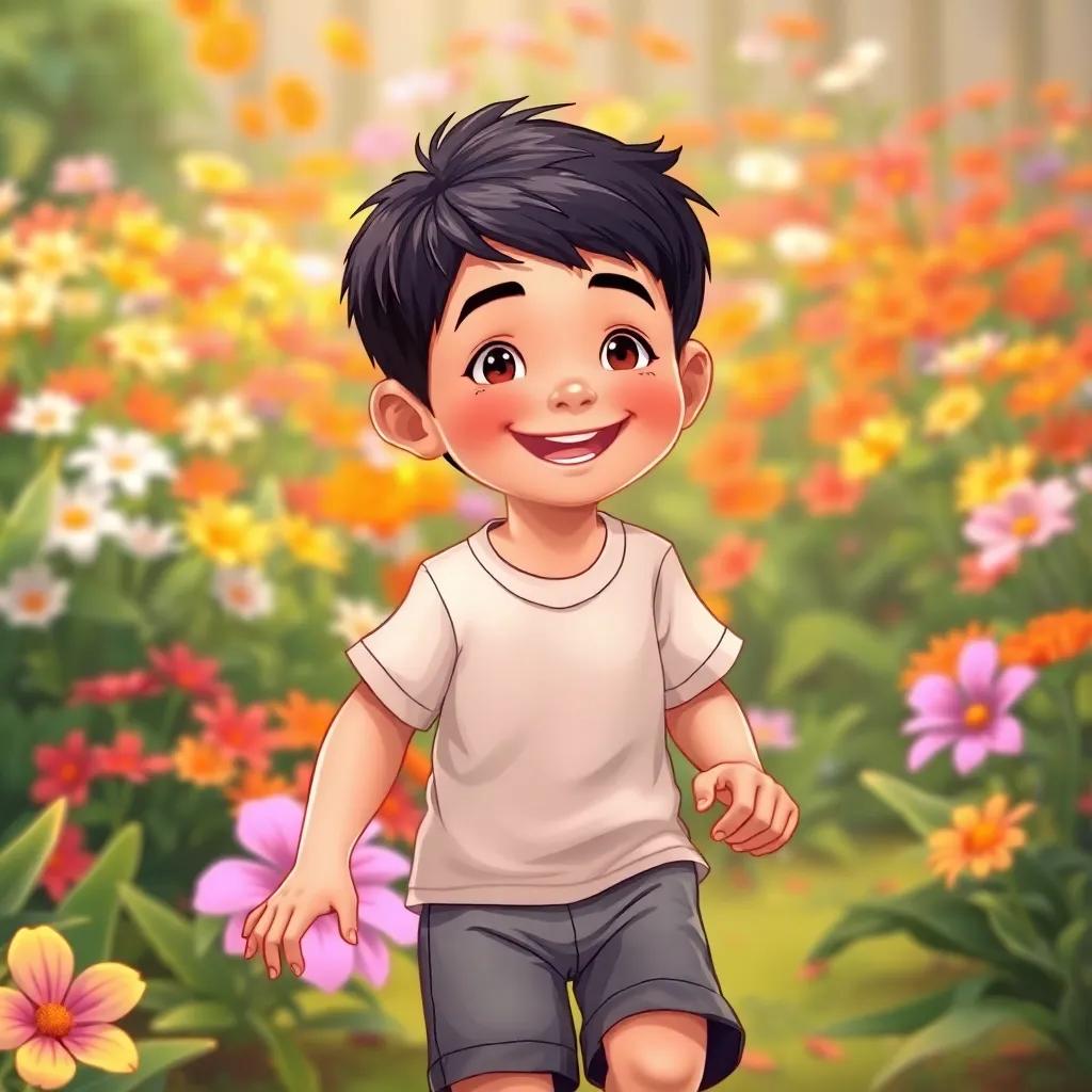 A young boy, Mustafa, with short black hair, wearing a t-shirt and shorts, playing in a garden with a colorful flower background, joyful, friendly, illustration, high quality