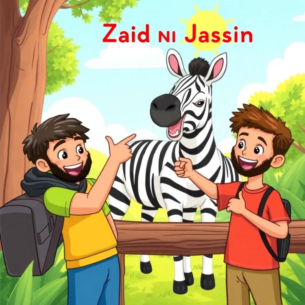 Zaid and Jassim at the zoo, excitedly pointing at a zebra, which has black and white stripes, with a sunny sky in the background, illustrated scene, joyful expression, friendly environment, child-friendly, colorful