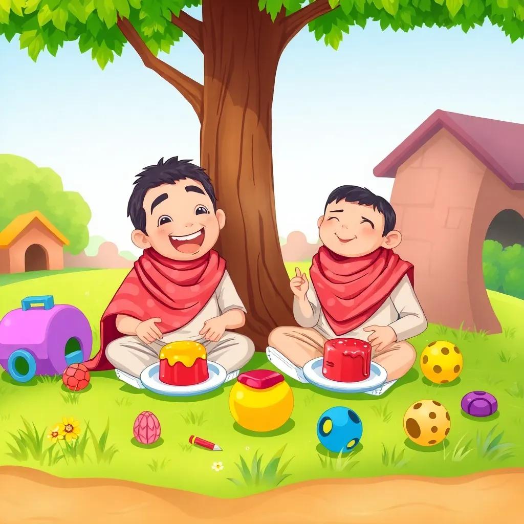 Zaid and Jassim, happy and playful, sitting on the grass under a tree, with plates of jam and jelly, colorful toys around them, bright and cheerful, inviting atmosphere, illustration, detailed, high quality