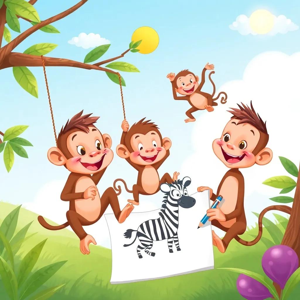 Funny monkeys swinging in the background while Zaid and Jassim draw a zebra on paper, monkeys looking playful and lively, sunny day, cartoon style, colorful, child-friendly, vibrant scene
