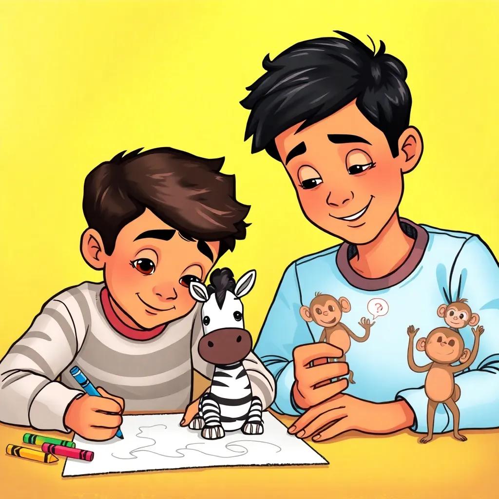 Zaid concentrating on drawing a zebra, with colorful crayons, and Jassim doodling silly monkeys nearby, both have bright expressions, inviting lighting, detailed art, cheerful