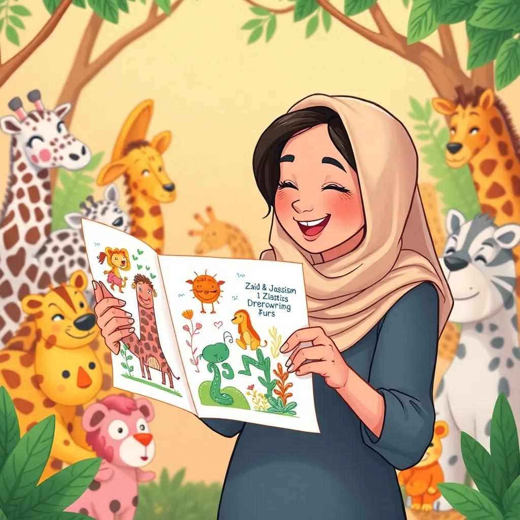 A lady admiring Zaid and Jassim's colorful drawings, showing joy and excitement, surrounded by zoo animals in the background, warm tones, friendly atmosphere, illustration, heartwarming