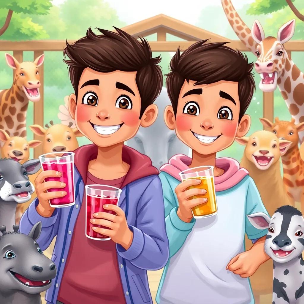 Zaid and Jassim smiling, holding juice cups and jam jars, surrounded by animals at the zoo, captured in a playful moment, vibrant colors, engaging scene, digital art