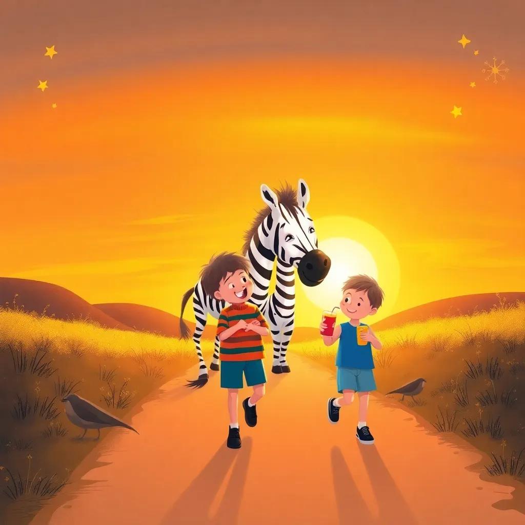 Two boys happily walking home at sunset, chatting about their day with a zebra and juice, with stars beginning to twinkle in the sky, warm glow, friendly, joyful atmosphere, illustration, enchanting