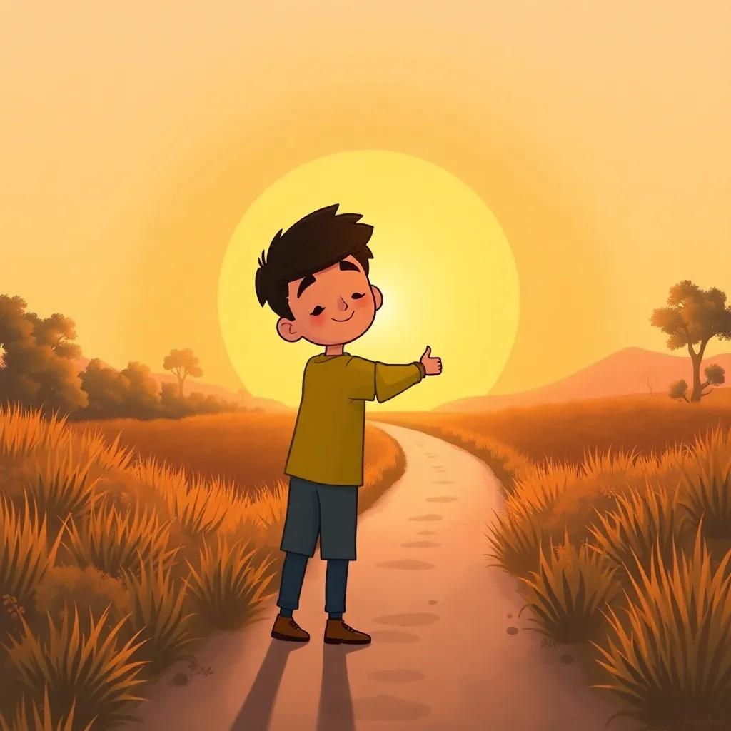 Zaid and Jassim hugging as they plan their next zoo adventure, with a setting sun and a path leading away, symbolizing friendship, heartfelt, warm colors, illustration, beautiful scene