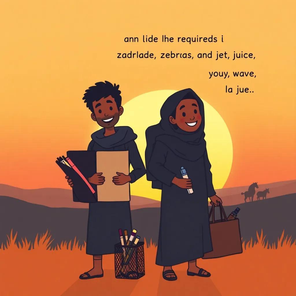 A silhouette of Zaid and Jassim against the sunset, packing their drawing supplies, happy expressions as they talk about zebras and juice, warm colors, nostalgia, child-friendly