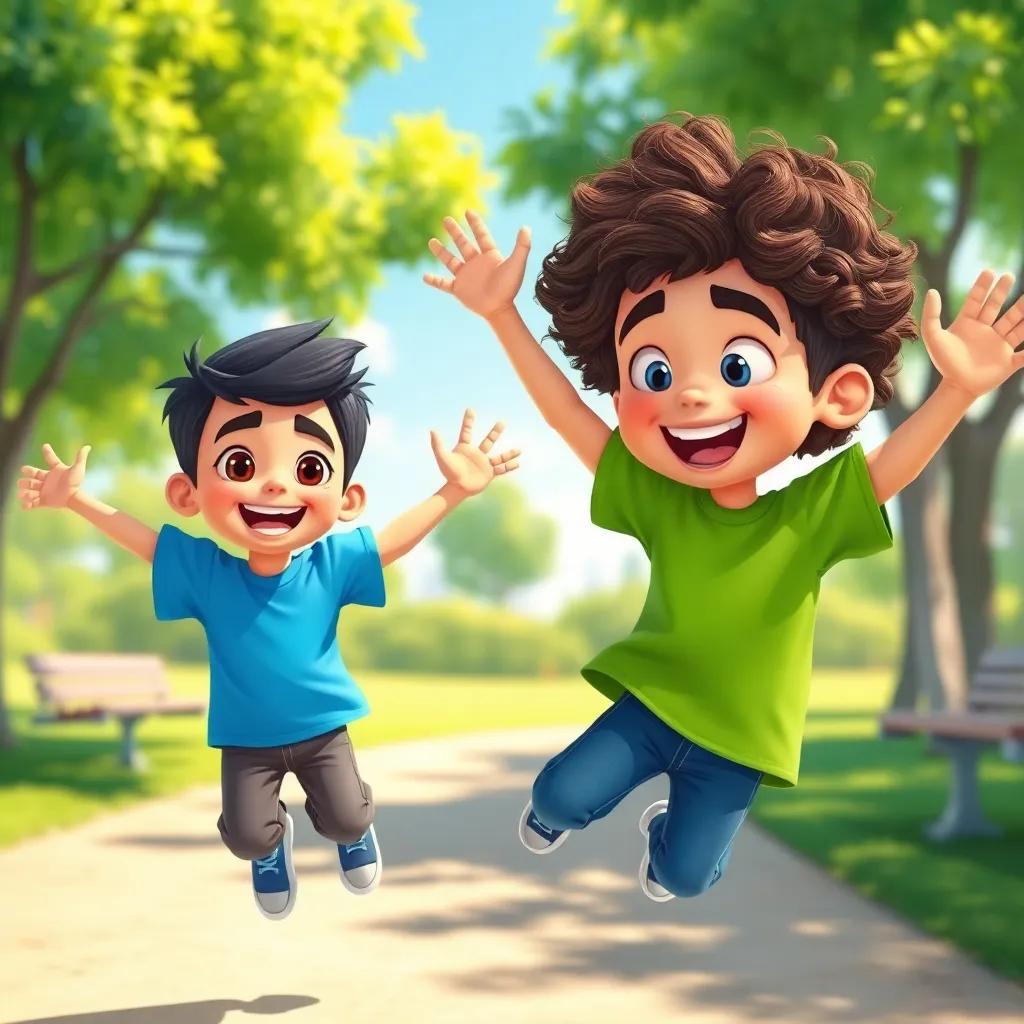 A sunny day in the park, Zaid, a young Arab boy with short black hair wearing a blue t-shirt, and Jassim, another young Arab boy with curly brown hair wearing a green shirt, jumping with excitement, playful atmosphere, vibrant colors, cheerful