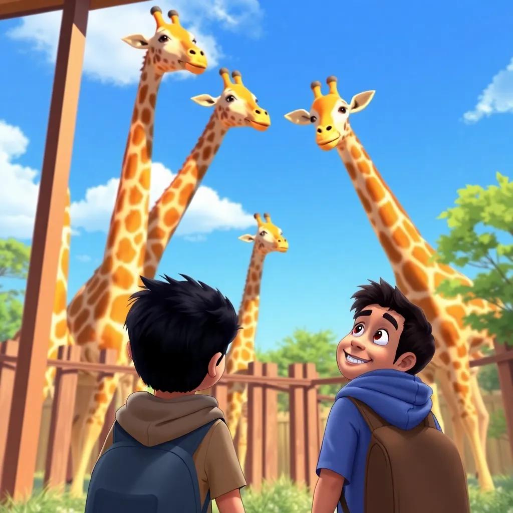 Inside the zoo, Zaid and Jassim looking at the tall giraffes, colorful surroundings, a bright blue sky, happy expressions on their faces, illustration, captivating, child-friendly
