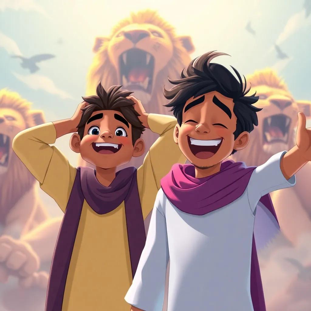 Zaid covering his ears as the lions roar, Jassim laughing beside him with open arms, strong contrast of colors, exciting scene, engaging, joyful