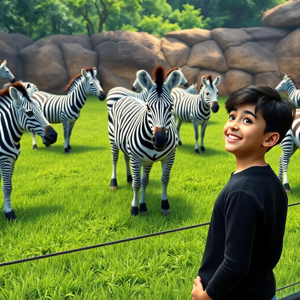 At the zebra exhibit, Zaid and Jassim staring in awe at the black and white zebras, peaceful grassland, smiling brightly, realistic detail, inviting colors