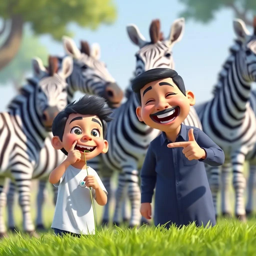 Zaid pretending to bite grass in front of the zebras, Jassim laughing and pointing at the zebras, colorful, fun-filled moment, whimsical