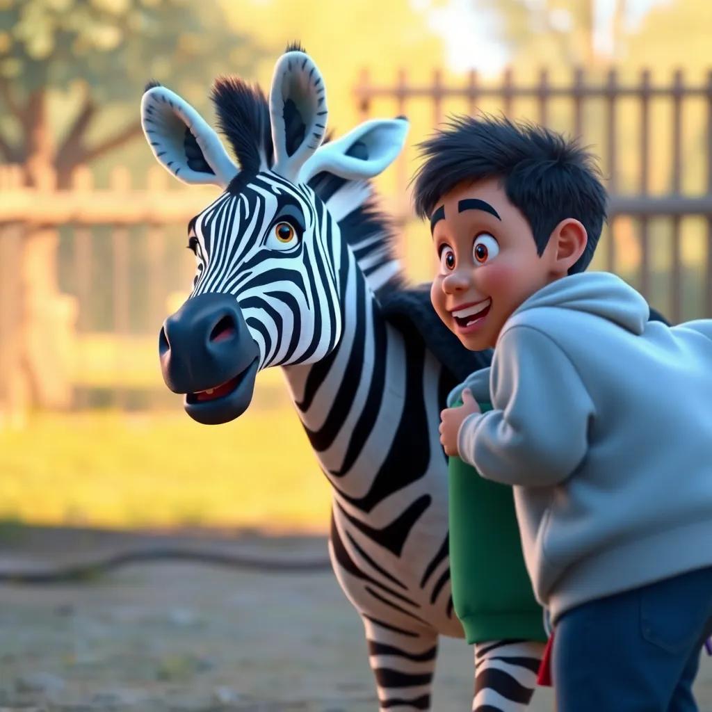 A zebra coming closer to the boys, Zaid and Jassim looking surprised and delighted, nice background showing the zoo fence, warm light, animated style