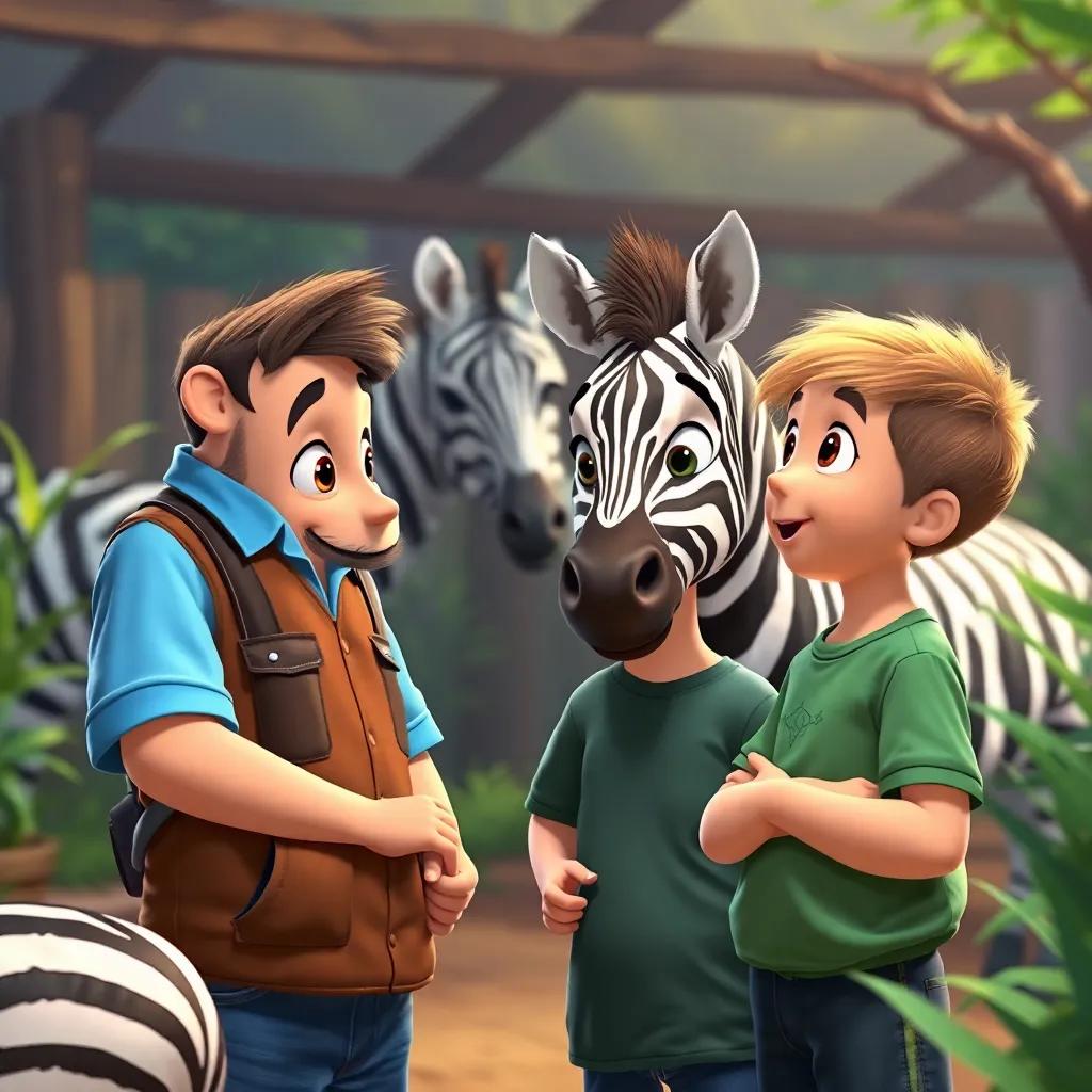 The zookeeper talking to the boys about zebras, both boys listening eagerly with wide eyes, vibrant colors, informative setting, friendly atmosphere