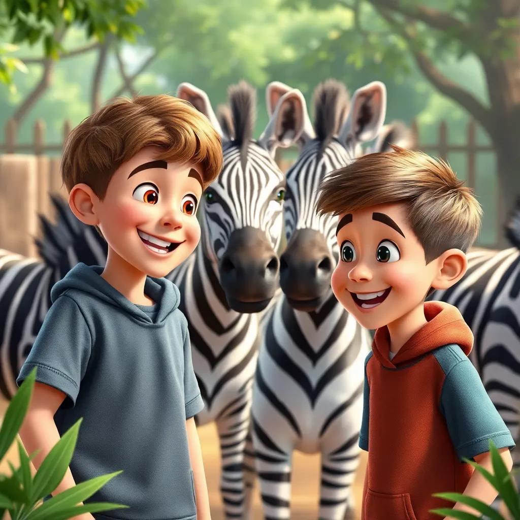 The boys asking why zebras have stripes, smiling expressions amidst the zoo background, lively details, educational scene, joyful vibe