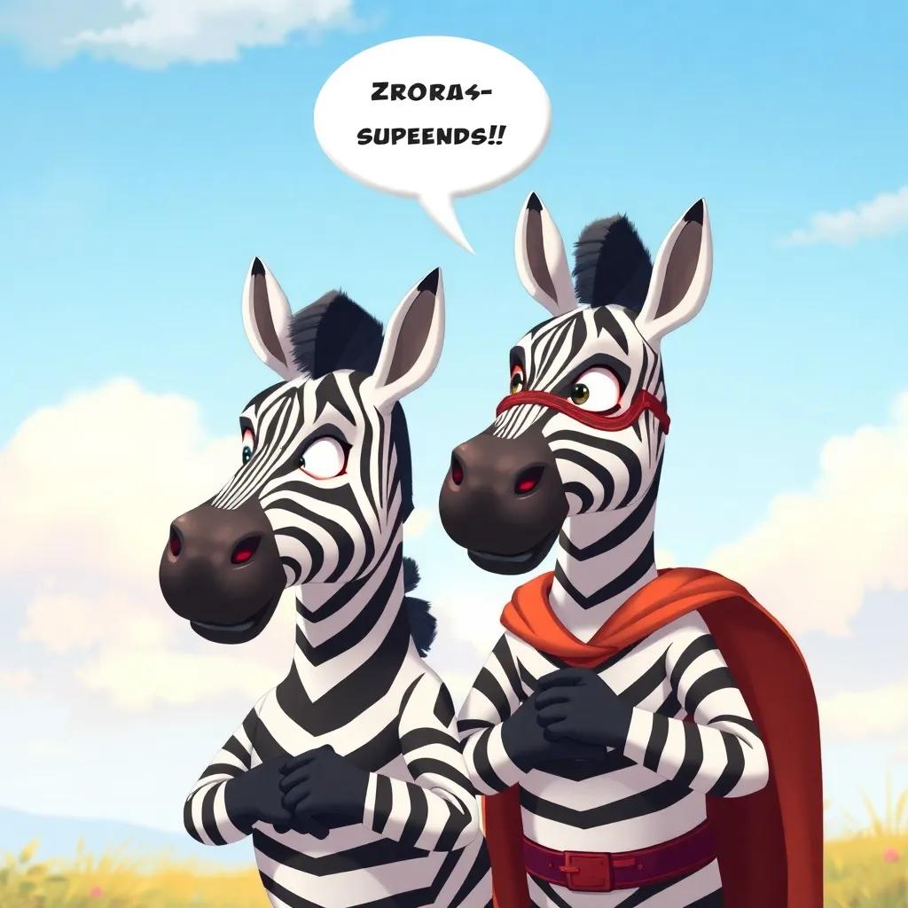 Jassim exclaiming that zebras are superheroes, Zaid nodding in agreement, wonder in their faces, cartoonish style, lovely colors