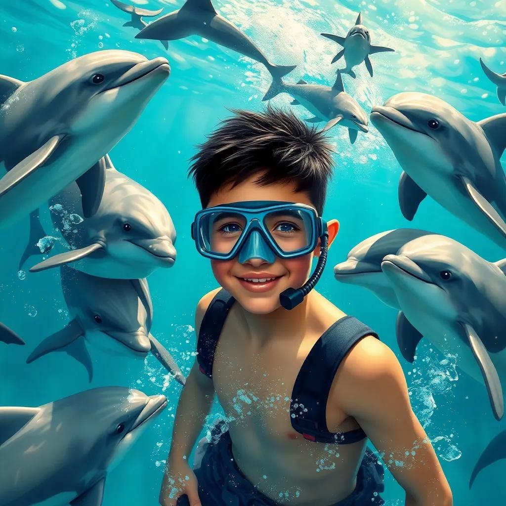 A young Iraqi boy, Zaid, with short black hair in snorkeling gear, surrounded by playful dolphins making a protective circle in the sparkling ocean, with a hint of a shark fleeing in the background, bright and colorful, joyful scene, realistic, high quality