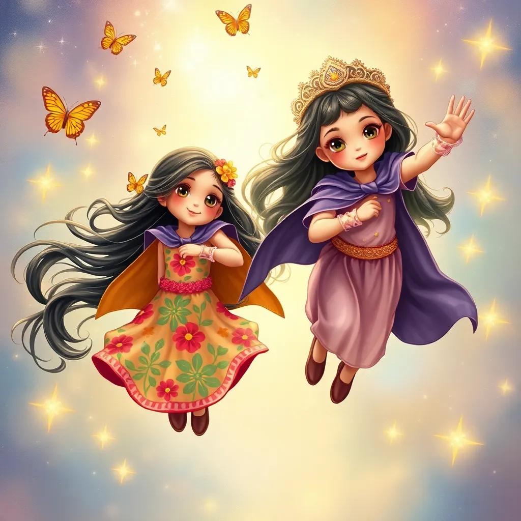 Zainab, a young Arab girl, with long, dark hair wearing a colorful dress, and Zamzam, a young Arab girl, wearing a playful outfit, soaring through a sparkling sky, wearing capes, surrounded by butterflies and shining stars, magical atmosphere, cheerful illustration, high quality