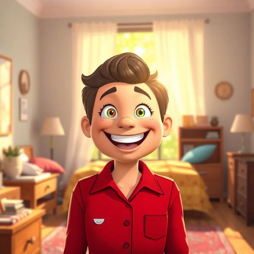 A cheerful teacher with a wide smile, waking up in a bright bedroom filled with sunlight, vibrant colors, high energy, digital art, warm atmosphere, high quality
