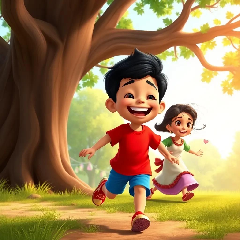 Zain, a happy little boy with short black hair in a bright red t-shirt and blue shorts, laughing and chasing his friend Maya, under a big tree, fun and vibrant, engaging scene, child-friendly
