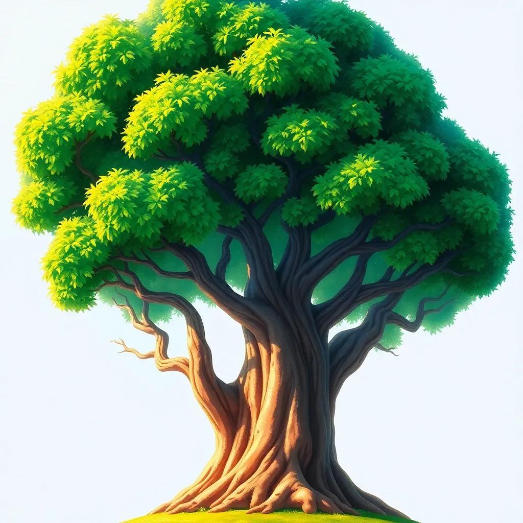 A majestic tree with lush green leaves only at the top, lower branches mostly bare, animated style, watercolor painting, bright light, vibrant colors, whimsical, cheerful atmosphere, high quality
