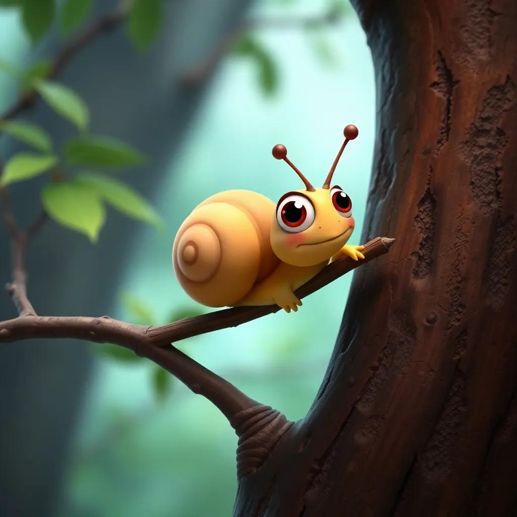A small cartoon-style snail named Zalzon, wide eyes and trembling antennae, clinging tightly to a thin shaky branch near the bottom of the tree, digital art, colorful details, engaging, rich colors, storytelling view, high quality