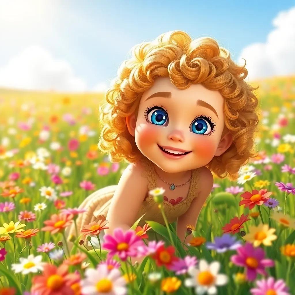 A young girl, Zara, with curly golden hair and bright blue eyes, playing in a colorful meadow filled with flowers, sunny day, cheerful, digital art, vivid colors, warm atmosphere, high quality