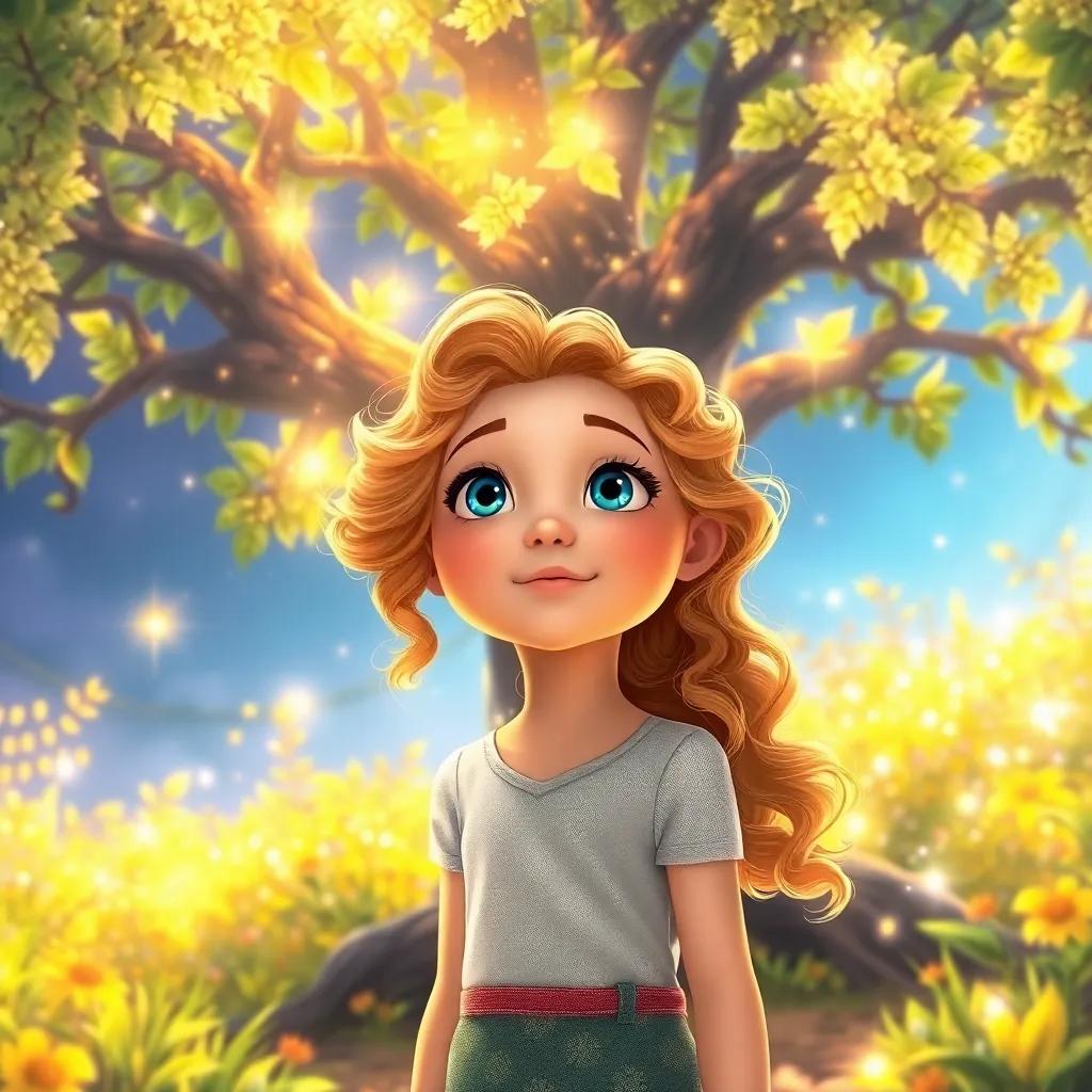 Zara, a young girl with curly golden hair and bright blue eyes, standing in awe in front of a magical Wish-Keeping Tree with shimmering leaves, bright sunlight illuminating its branches, enchanting scene, colorful, detailed digital painting, high quality