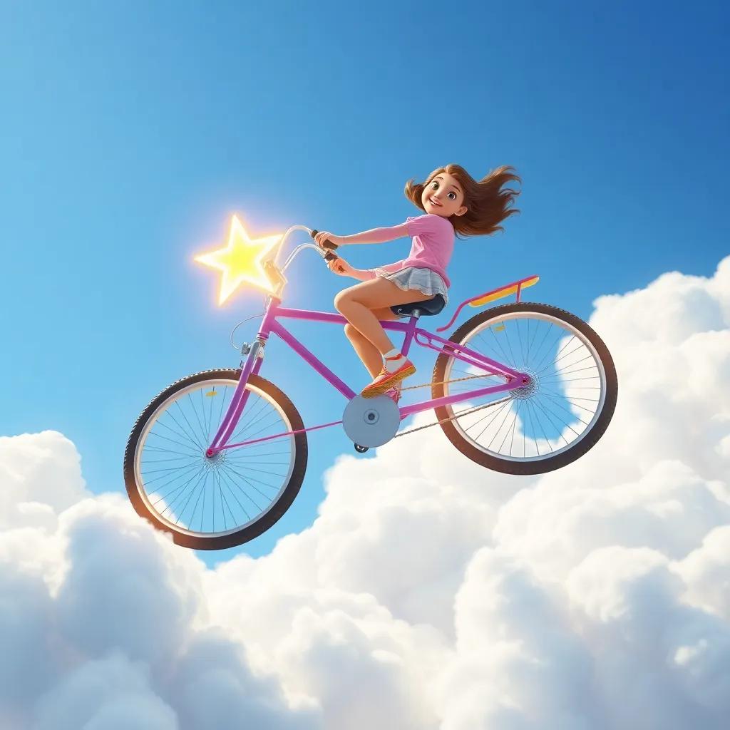 A magnificent flying bicycle glowing like a star, with Zara riding it joyfully amongst fluffy clouds, with a blue sky and soft white clouds, adventure-themed, vibrant colors, uplifting imagery