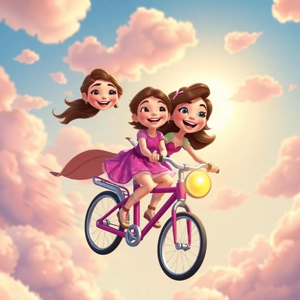 Zara, with her friends, joyfully flying in the sky on a magical bicycle, with laughter and bright smiles, surrounded by colorful clouds and a sunny background, cheerful, child-friendly illustration, high quality