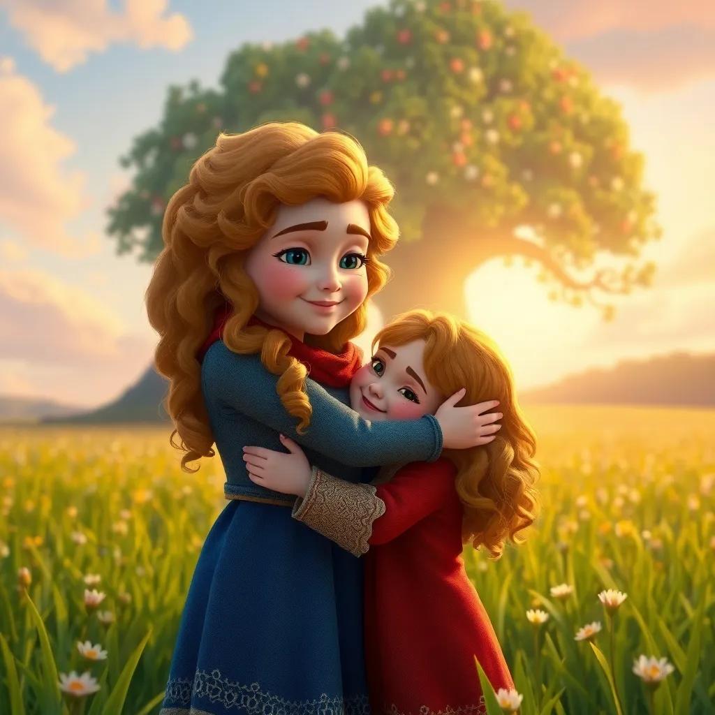 Zara, a young girl with curly golden hair, sharing a warm hug with her friends in a beautiful meadow, with the Wish-Keeping Tree in the background glowing softly, heartwarming scene, rich colors, uplifting atmosphere, detailed digital art