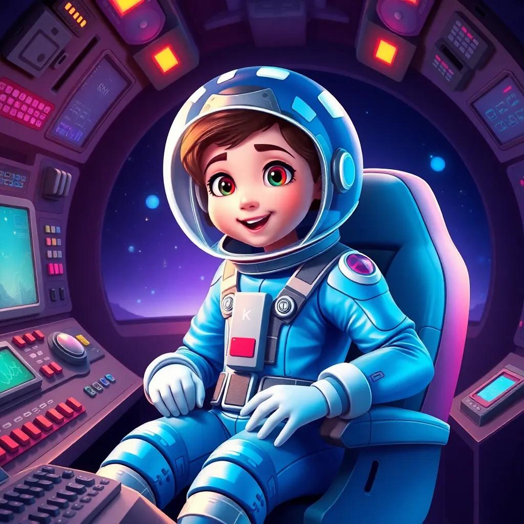 A brave space explorer, Zara, in a shiny blue space suit, sitting in her rocket surrounded by buttons and screens, looking excited, digital art, vibrant colors, adventure atmosphere, high quality