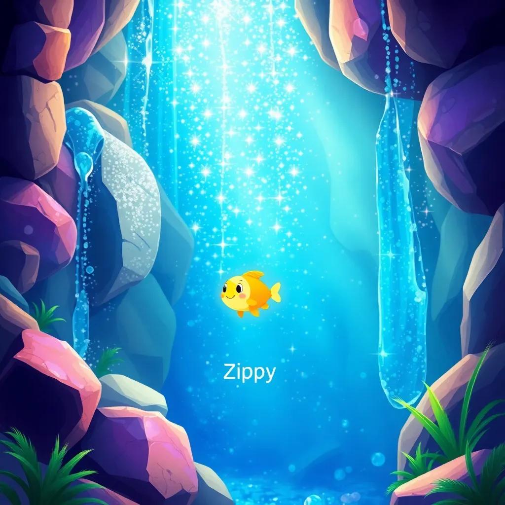 A sparkling, enchanted waterfall with water shimmering like diamonds, a tiny glowing fish named Zippy swimming joyfully in the clear blue water, surrounded by colorful rocks and green plants, illustration, magical and inviting, high quality