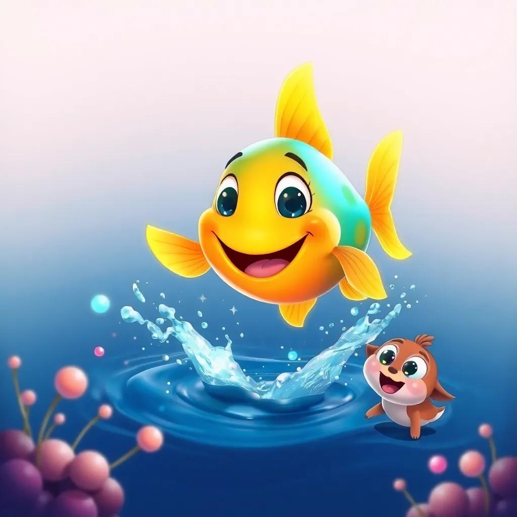 A playful glowing fish Zippy jumping out of the water with a gleeful expression, colorful splashes around it, as Zara watches excitedly with wide eyes, detailed illustration, lively and whimsical, high quality