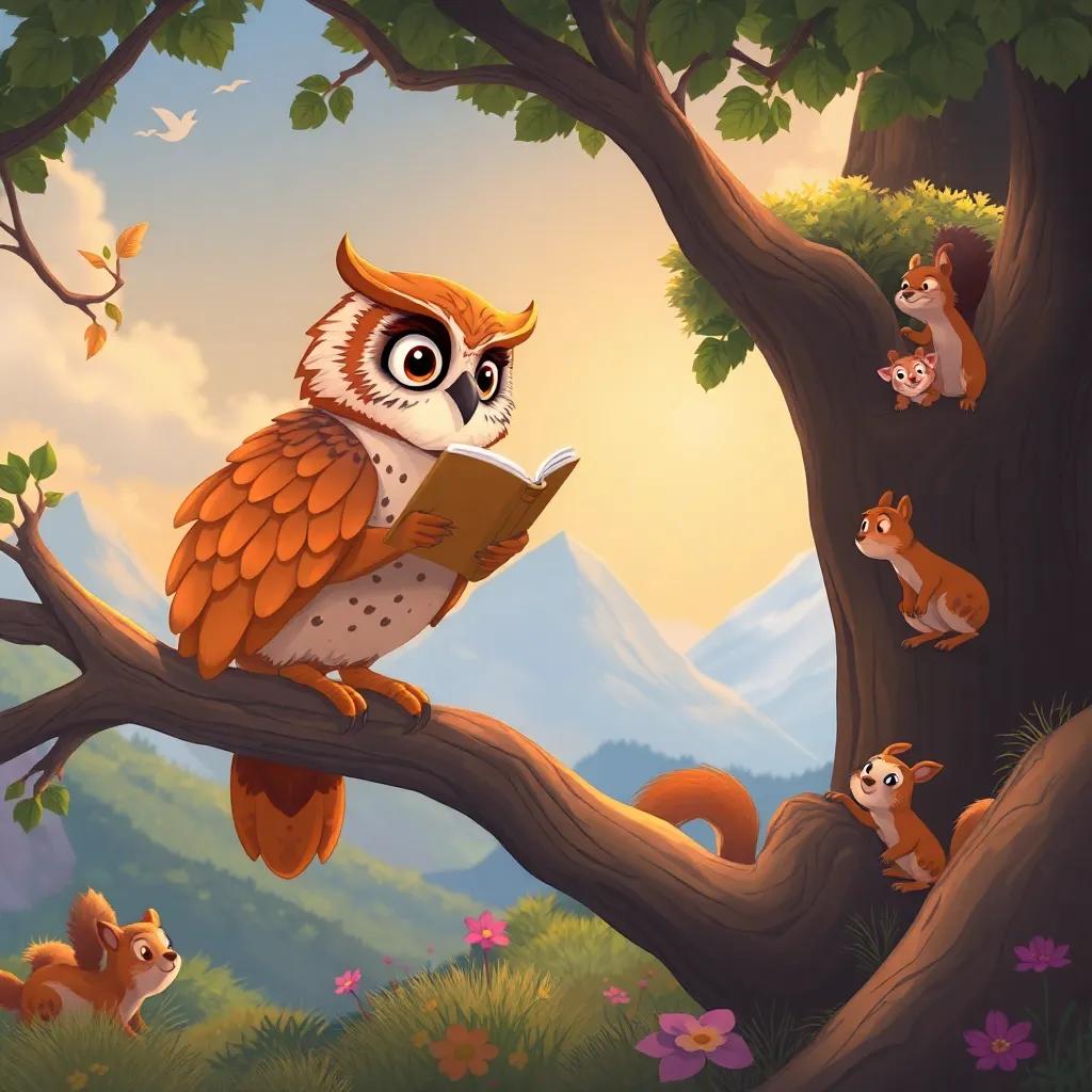 Zara exploring new lands filled with friendly animals, an old wise owl perched on a branch telling stories, playful squirrels peeking from behind a tree, illustration, adventure-filled, warm colors, high quality