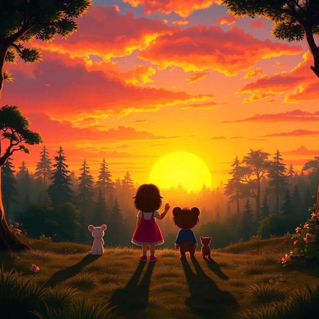 A sunset view of the forest as Zara waves goodbye to her animal friends, with a promise to return, vibrant colors in the sky and shadows stretching across the ground, illustration, heartwarming and serene, high quality