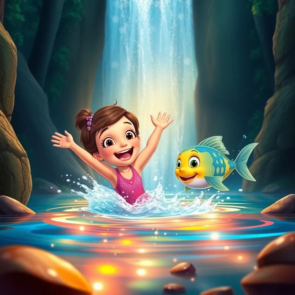 Zara joyfully splashing in the waterfall with Zippy, her magical fish friend, colorful light reflecting off the water and a backdrop of the enchanted forest, illustration, joyful and magical, high quality